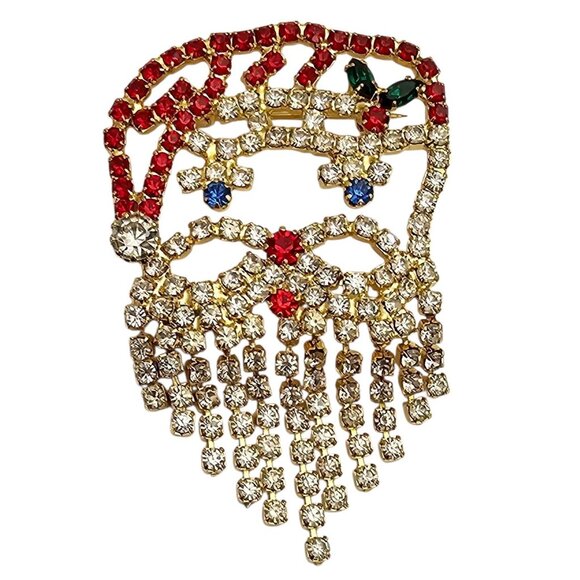 Red Clear Rhinestone Santa Brooch Dangle Beard Pin - Picture 2 of 7